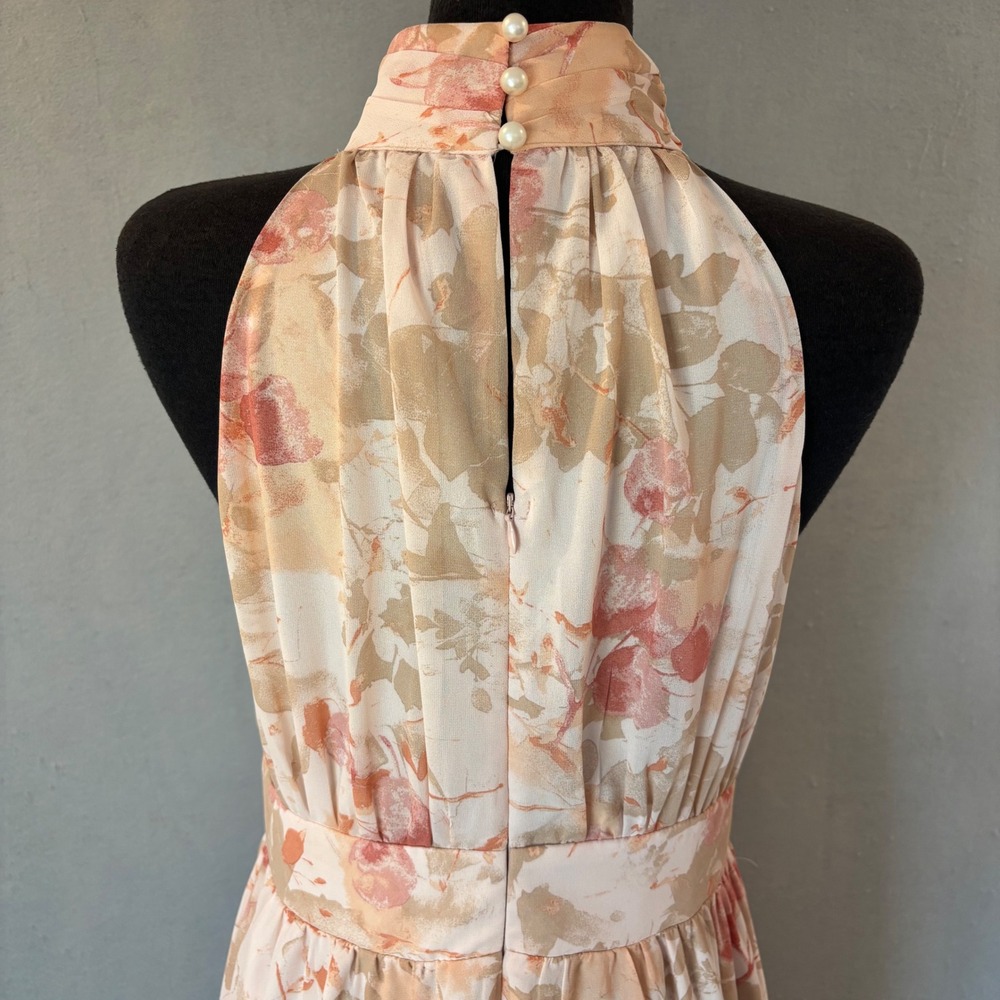 JJ's House Pearl Pink Floral Chiffon Halter Maxi Dress A-Line Wedding Guest L - Picture 3 of 10